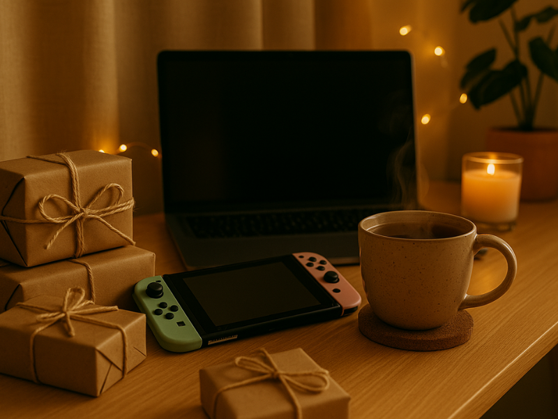 mesa llena de regalos para amantes de los videojuegos