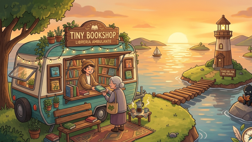 Imagen destacada horizontal del juego Tiny Bookshop con una caravana de librería ambulante en una cala al atardecer.