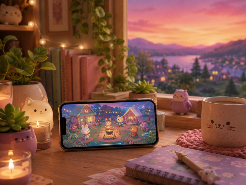 imagen de dibujos mostrando un móvil sobre la mesa de madera con juegos cozy gratis para movil free cozy games for mobile en la pantalla